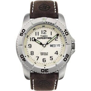 Men's Brown Leather Strap Timex Expedition Rugged Metal Glass Crystal Watch